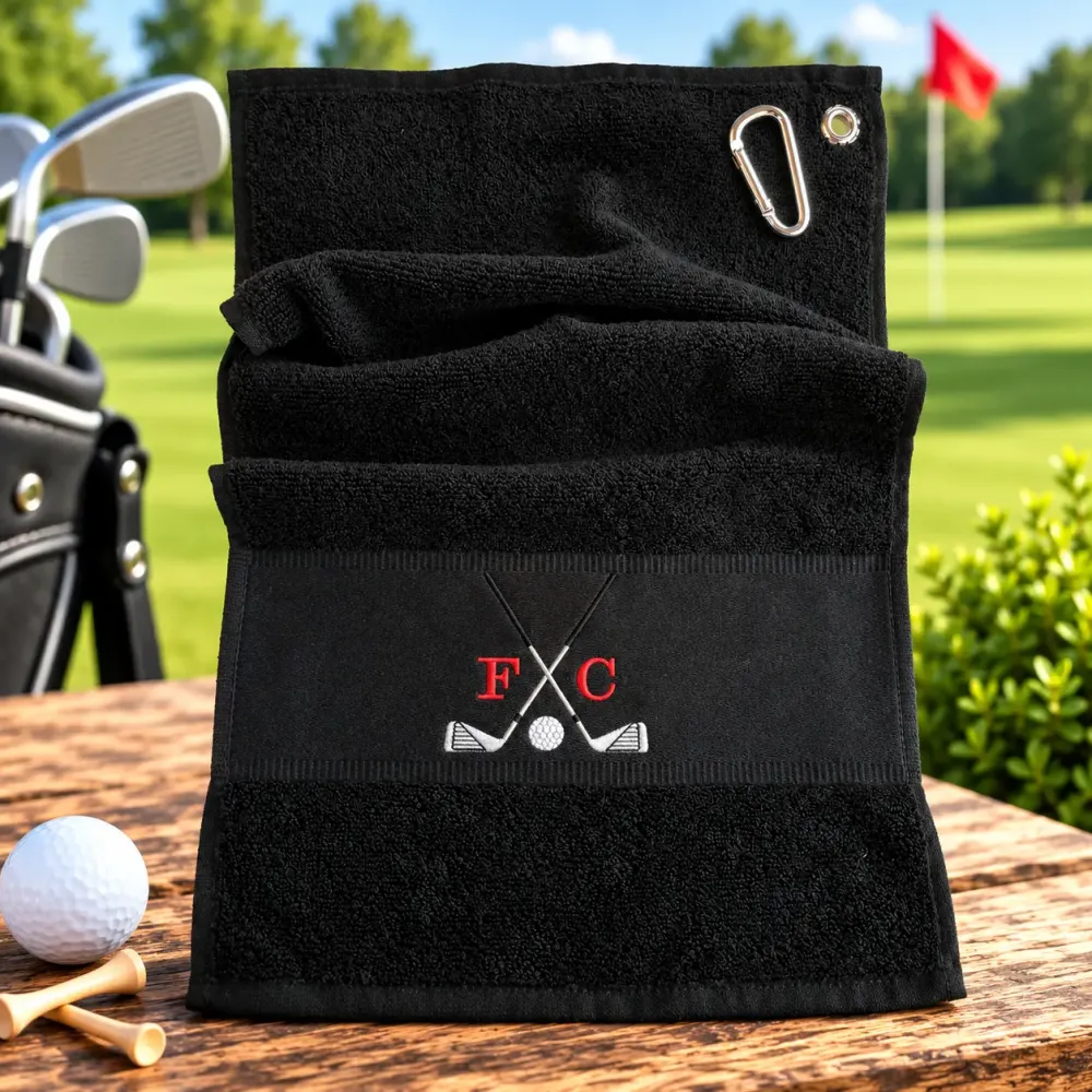 Schwarzes Golfhandtuch mit Initialen F C in Rot und Golfmotiv bestickt