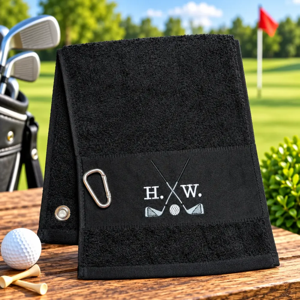 Schwarzes Golfhandtuch mit Initialen H. W. in Weiß bestickt