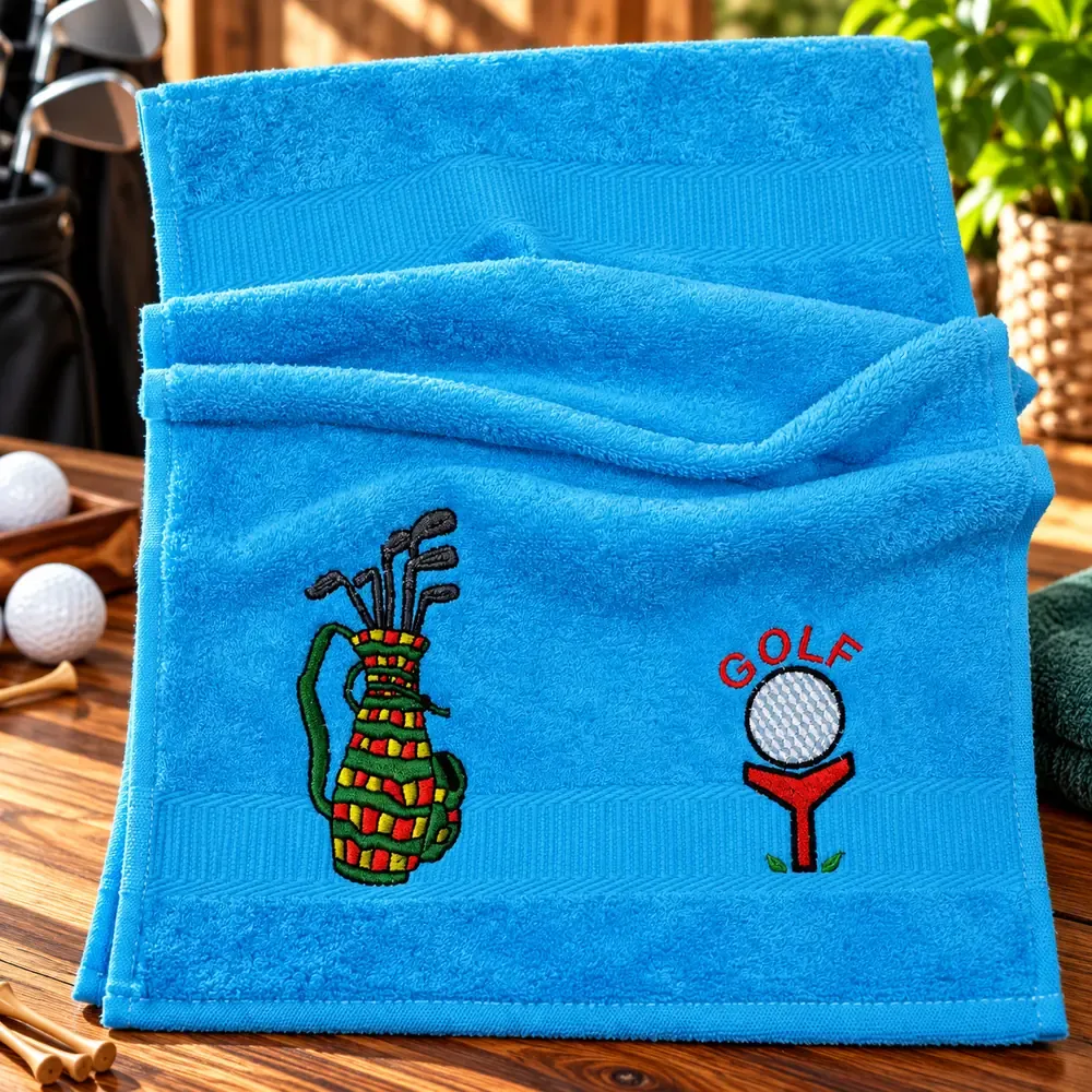 Blaues Gästehandtuch 30x50 cm aus Baumwolle mit gestickter Golftasche, Golfschlägern und Golfball mit Schriftzug Golf