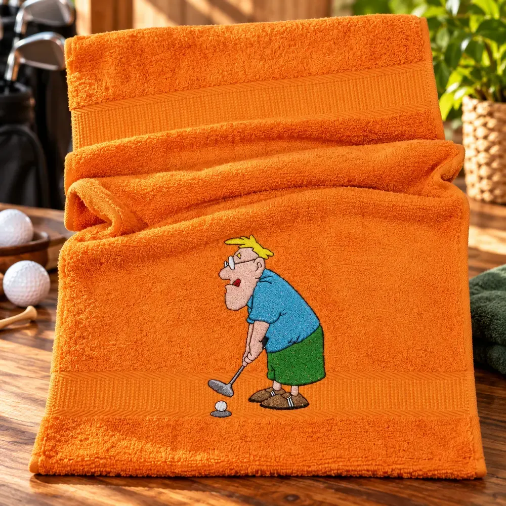 Oranges Gästehandtuch 30x50 cm aus Baumwolle mit lustigem gesticktem Golfspieler, Golfschläger und Golfball