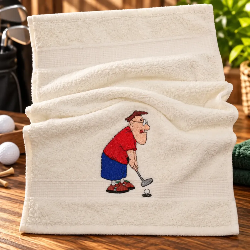 Weißes Gästehandtuch 30x50 cm mit lustigem gesticktem Golfspieler in rotem Shirt, blauer Hose, Golfschläger und Golfball