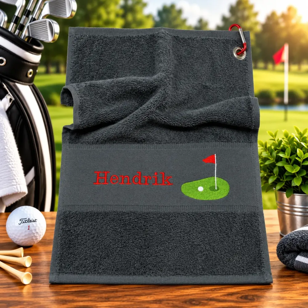 Golfhandtuch Schwarz mit Name oder Initialen