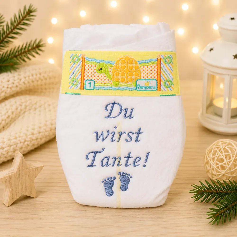 Personalisierte Windel Du wirst Tante mit Schleifenband zur Baby-Ankündigung.