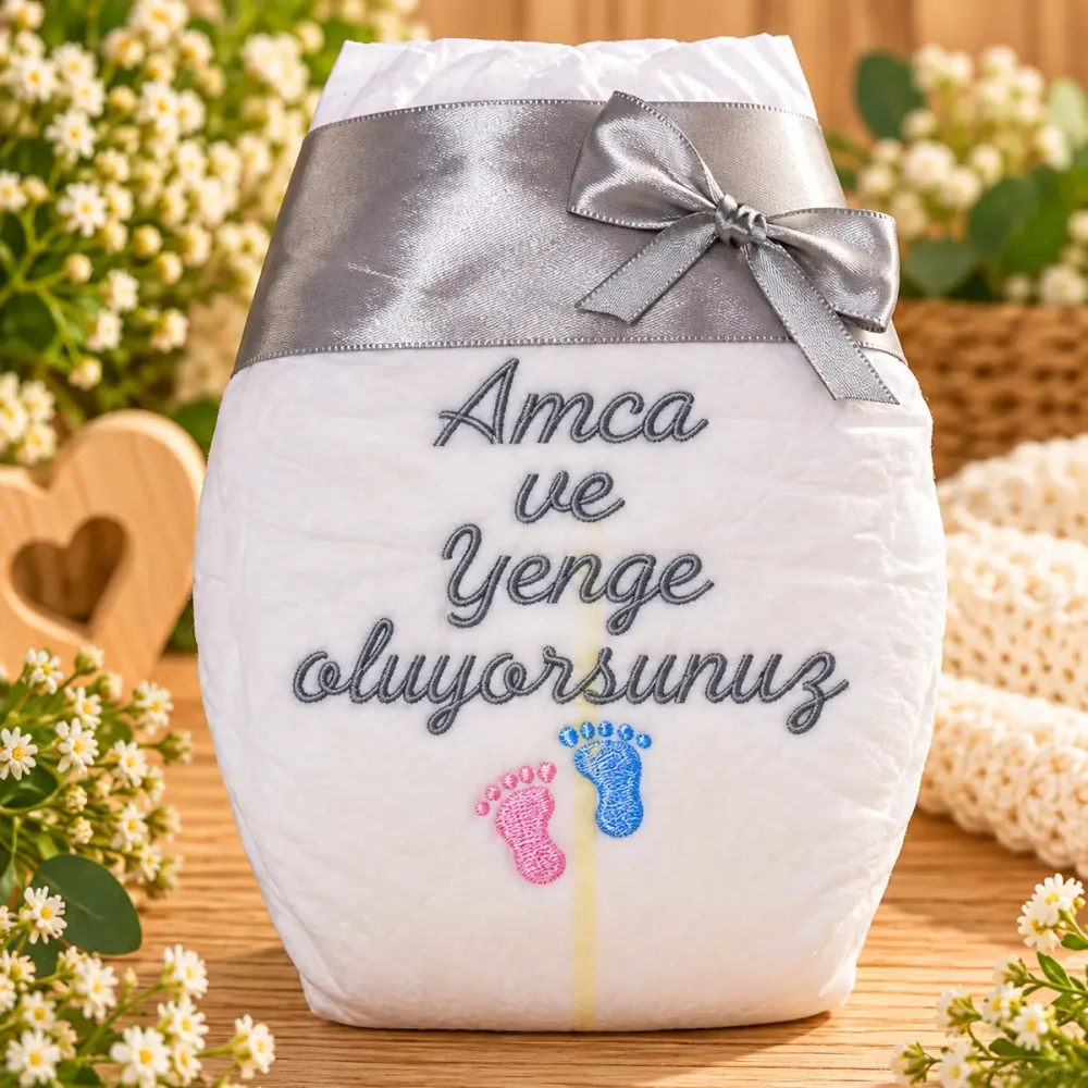 Bestickte Geschenk-Windel auf Türkisch mit der Aufschrift Amca ve Yenge Oluyorsunuz und kleiner Schleife zur Schwangerschaftsverkündung.