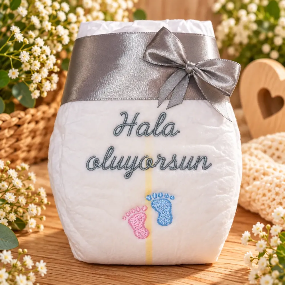 Bestickte Geschenk-Windel auf Türkisch mit der Aufschrift Hala Oluyorsun und kleiner Schleife zur Schwangerschaftsverkündung.