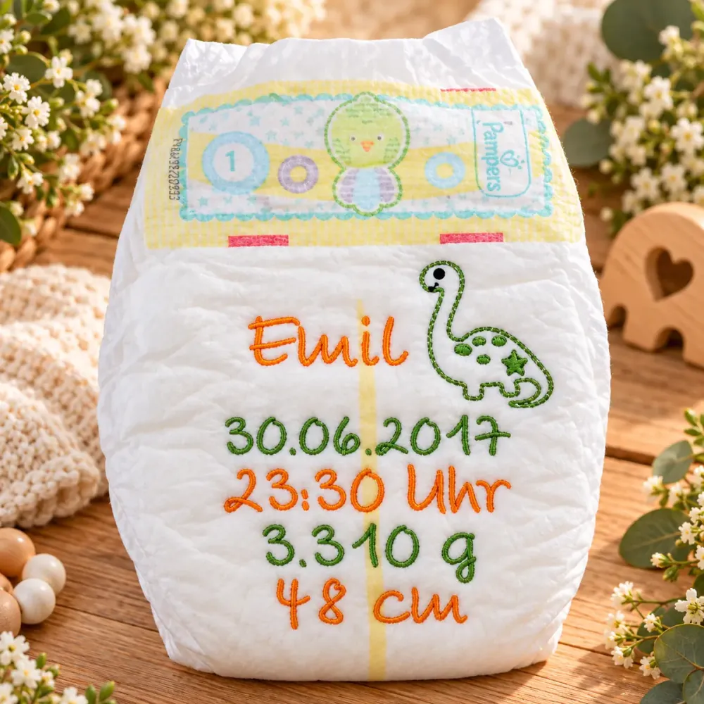 Personalisierte Babywindel bestickt mit Name, Geburtsdaten und einem niedlichen Dinosaurier-Motiv.