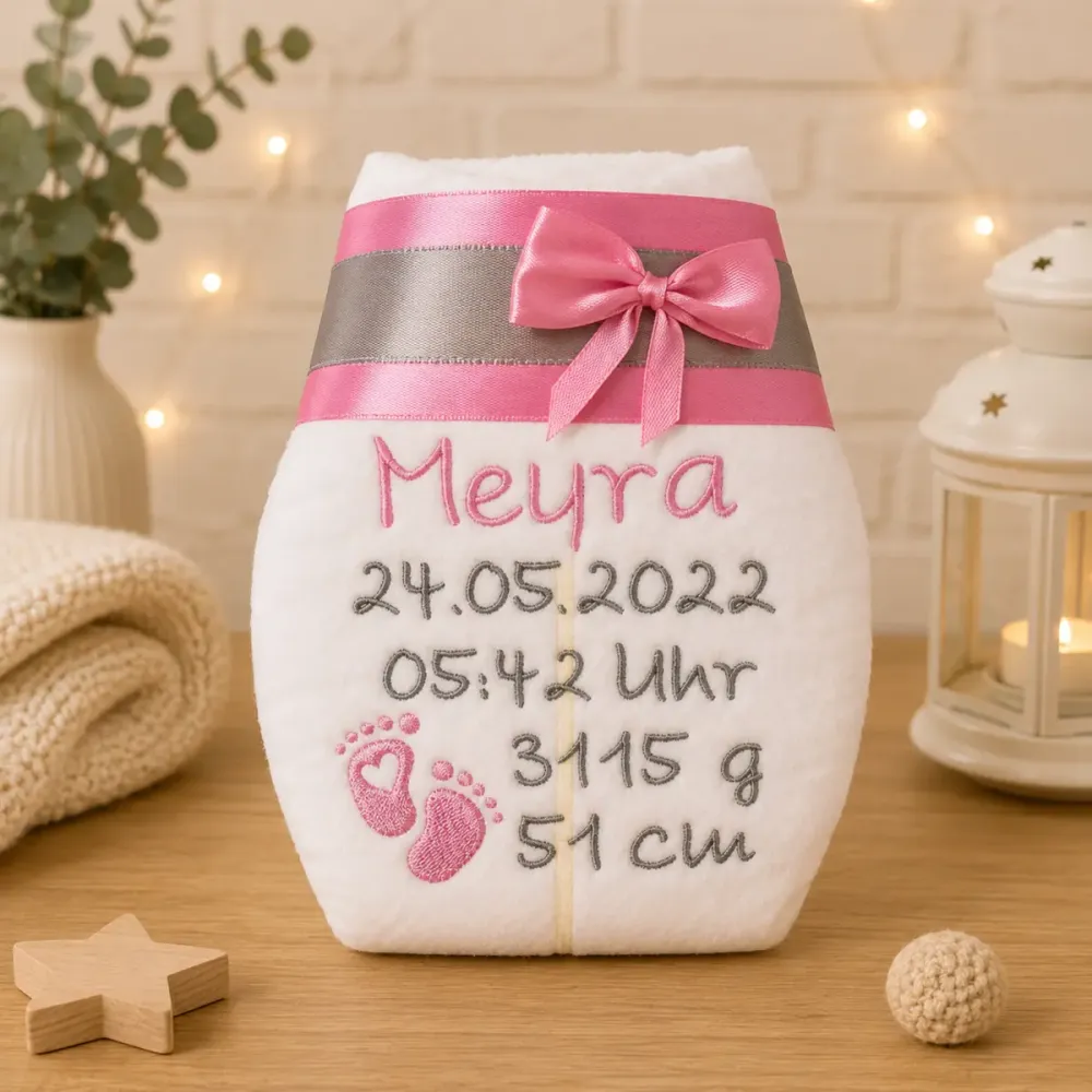 Personalisiertes Windelgeschenk in Rosa für Mädchen, hochwertig bestickt mit Name, Fußabdruck und Geburtsdaten.