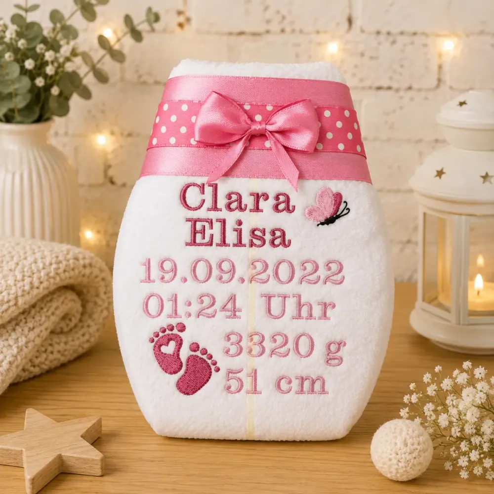 Erinnerungswindel in Pink für Mädchen mit Name und Geburtsdaten.