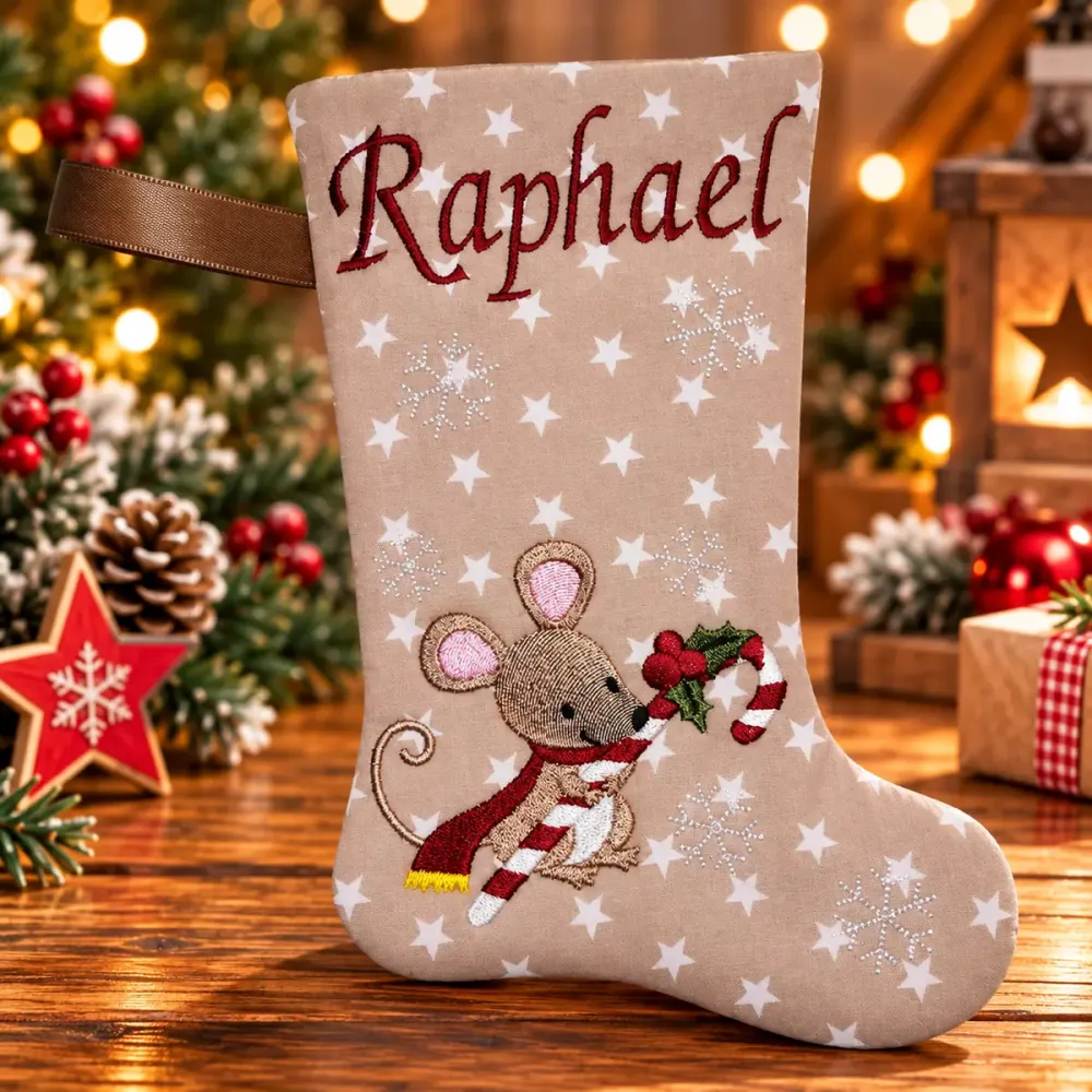 Wattierter beiger Nikolausstiefel Größe S mit weißen Sternen, Weihnachtsmaus mit Zuckerstange und dunkelrot gesticktem Namen Raphael