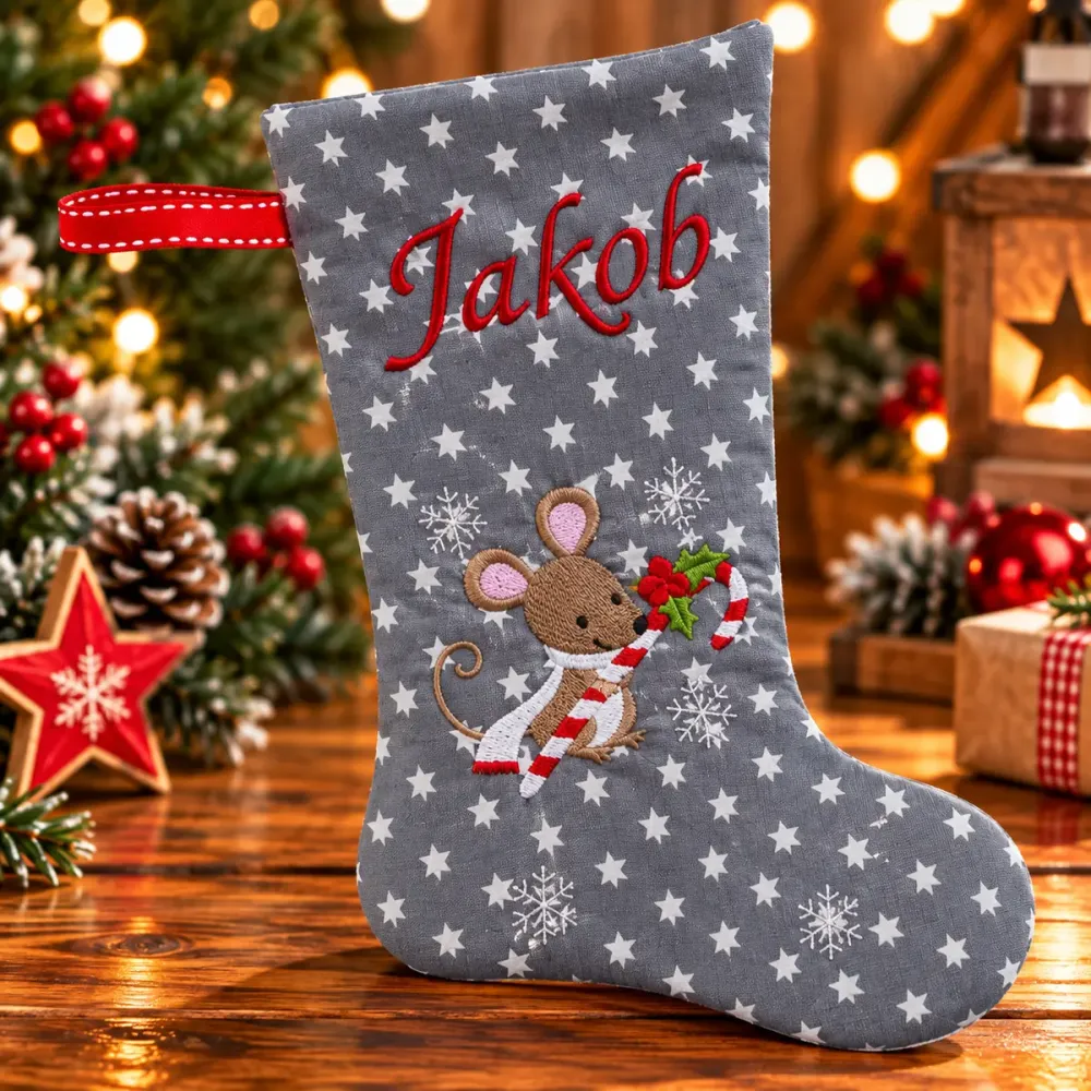 Grauer Nikolausstiefel XXL mit weißen Sternen, Weihnachtsmaus mit Zuckerstange, Schneeflocken und rot gesticktem Namen Jakob