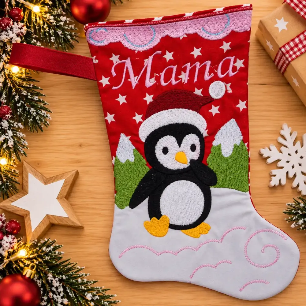 Nikolausstiefel Pinguin Größe S mit Schriftzug Mama