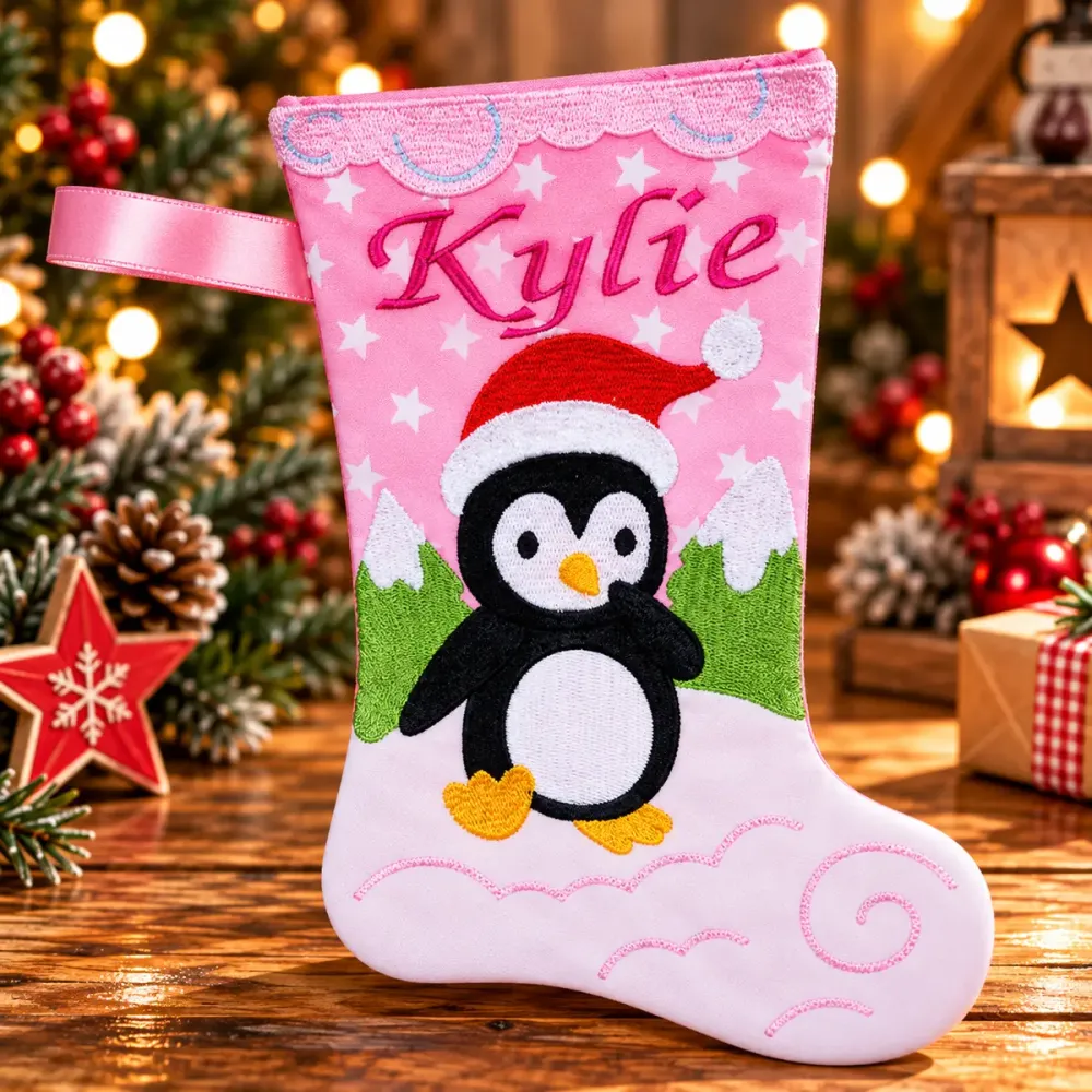 Rosa Nikolausstiefel Größe S mit weißen Sternen, Pinguinmotiv und pink gesticktem Namen Kylie
