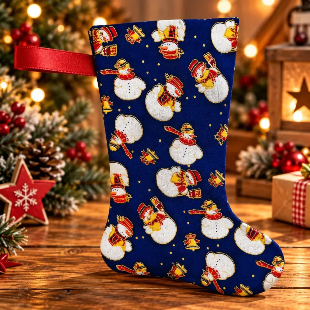 Dunkelblauer Nikolausstiefel Größe S mit buntem Schneemann-Muster und roter Aufhängeschlaufe
