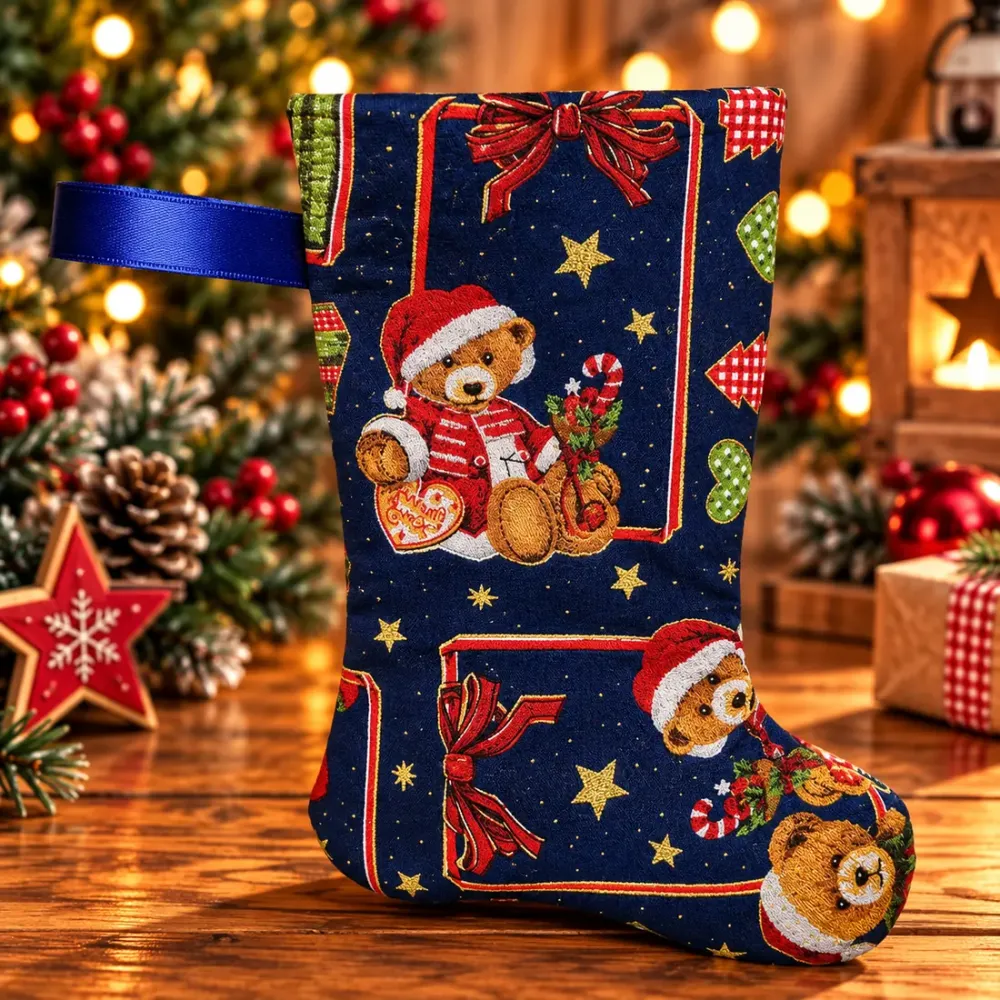 Wattierter dunkelblauer Nikolausstiefel Größe S mit Weihnachts-Teddybären, Geschenken und goldgelben Sternen
