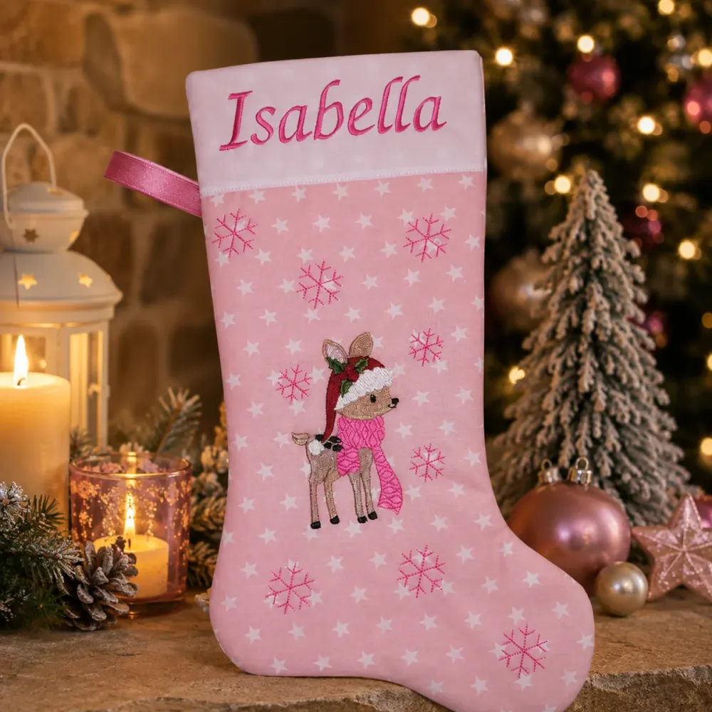 Nikolausstiefel Rentier Stofffarbe altrosa Name pink