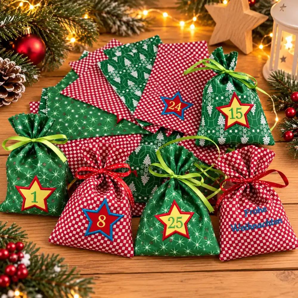 Adventskalender aus Stoff mit 26 Weihnachtssäckchen aus Baumwolle