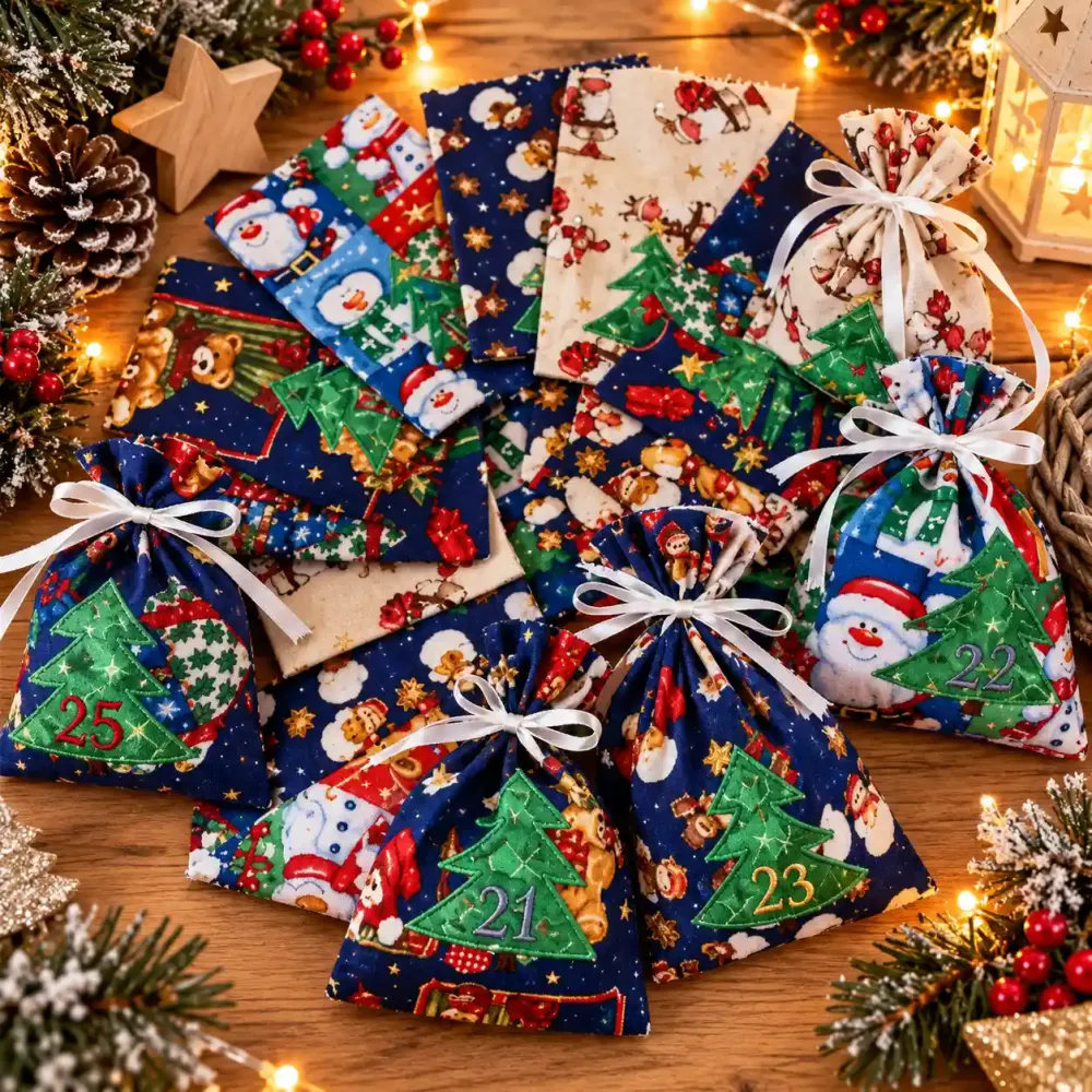 Adventskalender aus Stoff mit 25 Weihnachtssäckchen aus Baumwolle