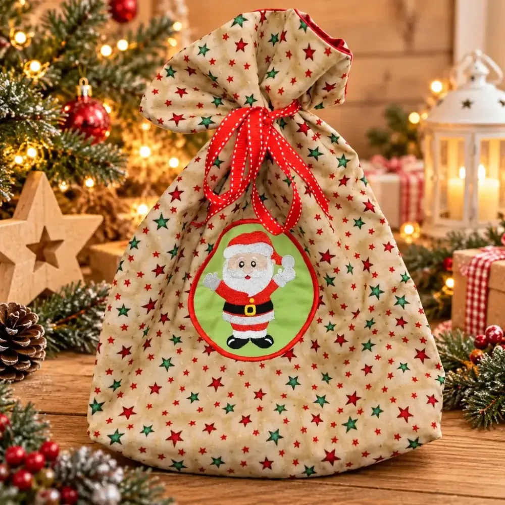 Besticktes Weihnachtssäckchen XXL aus Baumwolle als Nikolaussack