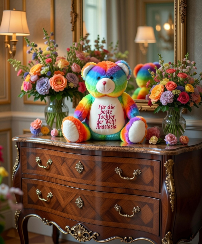 Personalisierter Regenbogenbär mit individueller Stickerei auf dem Bauch