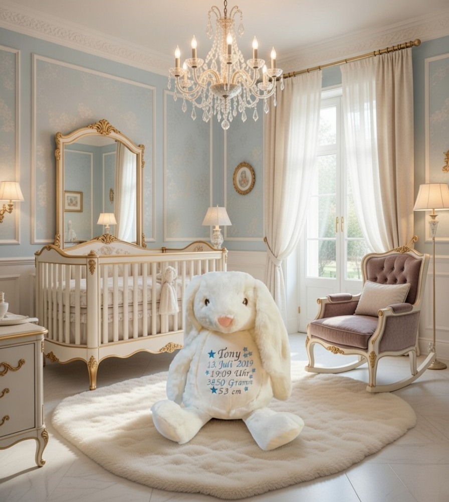Stofftier Hase mit Name, Geburtsdaten und Sternen bestickt