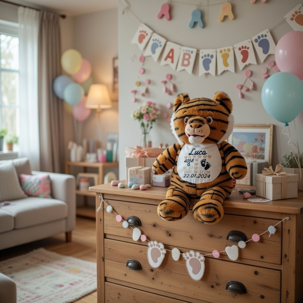 Personalisierter Stofftier Tiger mit Name und Geburtsdaten auf dem Bauch bestickt