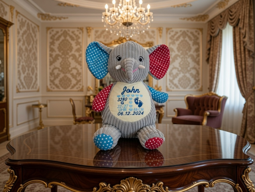 Stofftier Elefant Motiv 1 mit Name und Geburtsdaten auf dem Bauch bestickt