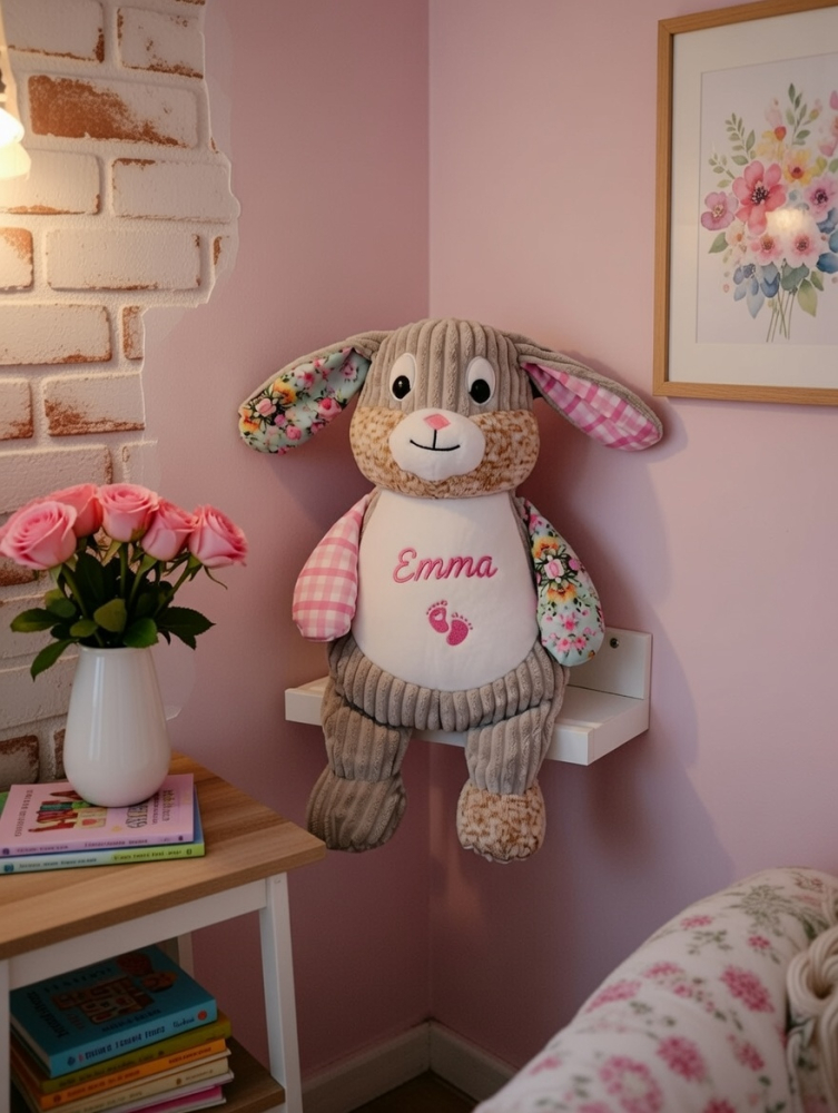 Stofftier Hase Motiv 8 mit Name und Geburtsdaten auf dem Bauch bestickt