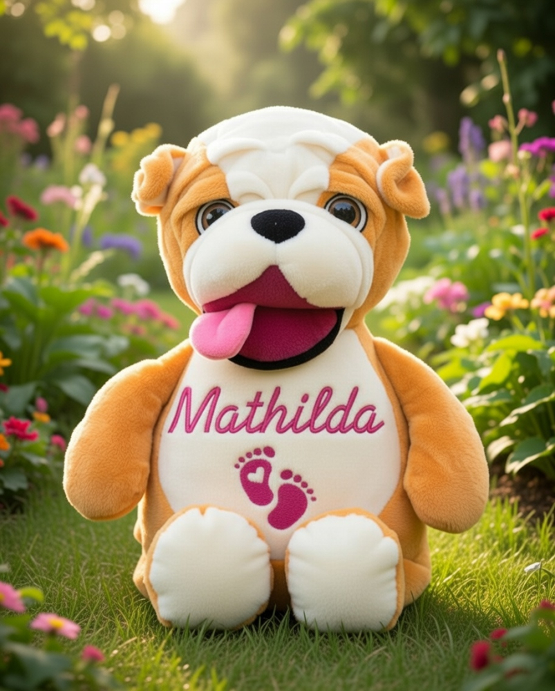 Stofftier Hund Bulldog mit Name und Geburtsdaten auf dem Bauch bestickt