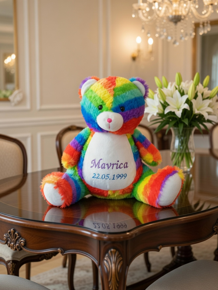 Stofftier Regenbogenbär mit Name, Geburtsdaten und Sternen bestickt