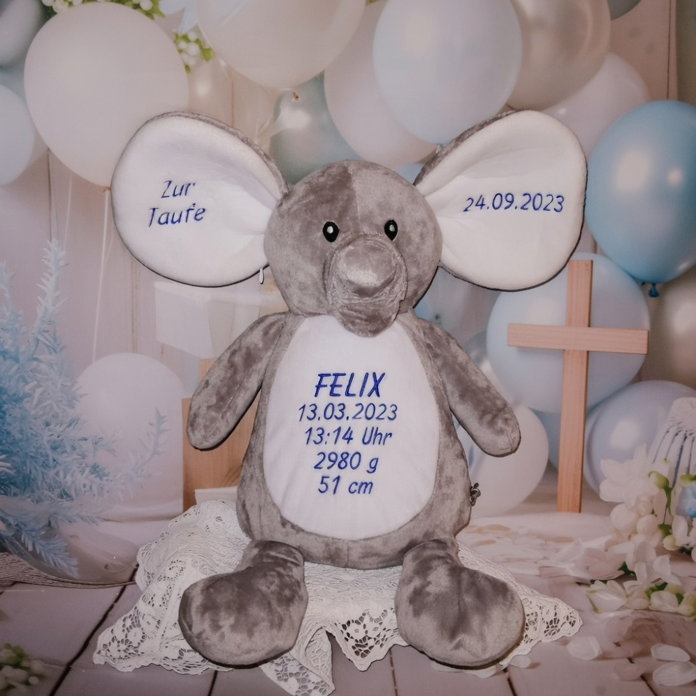 Stofftier Elefant zur Taufe mit Name und Wunschdaten bestickt