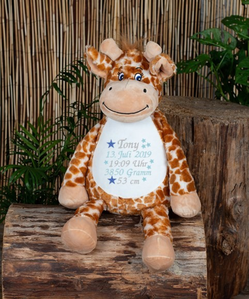 Stofftier Giraffe mit Name, Geburtsdaten und Sternen bestickt