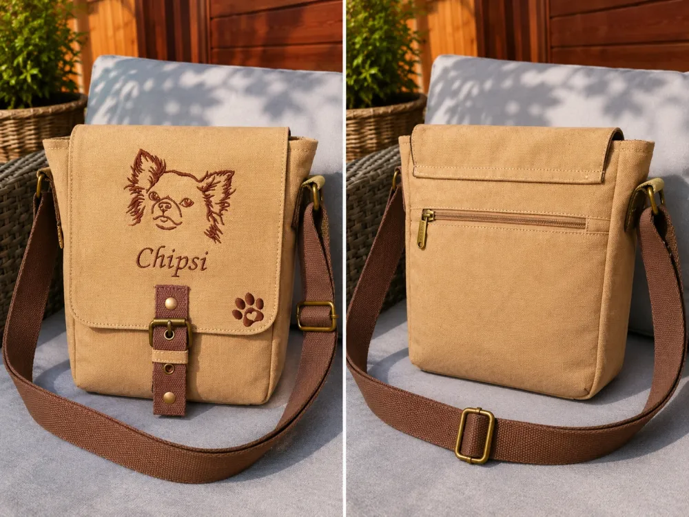 Tasche mit Chihuahua, Pfoten und Namen bestickt