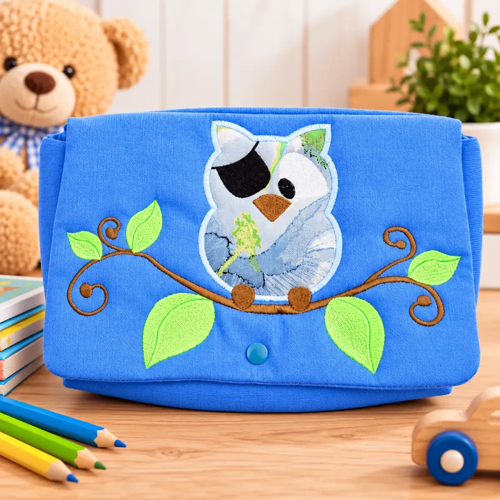 Bestickte Windeltasche mit Eule Pirat Motiv