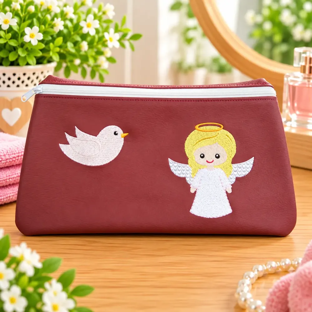 Bestickte Kosmetiktasche aus Kunstleder mit Engelmotiv