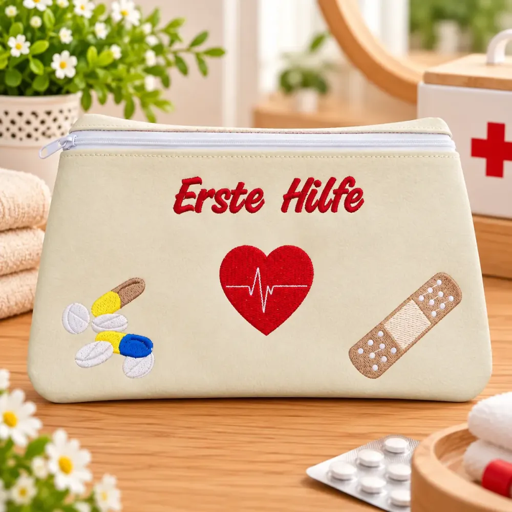 Kosmetiktasche Erste Hilfe aus Kunstleder mit Stickerei