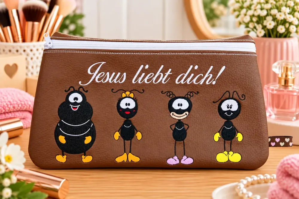 Bestickte Kosmetiktasche aus Kunstleder mit Smilinguido Motiv