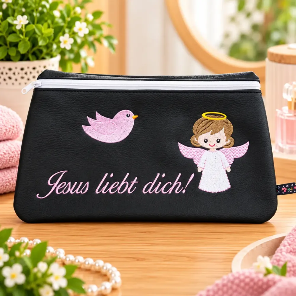 Bestickte Kosmetiktasche mit Schriftzug Jesus liebt dich