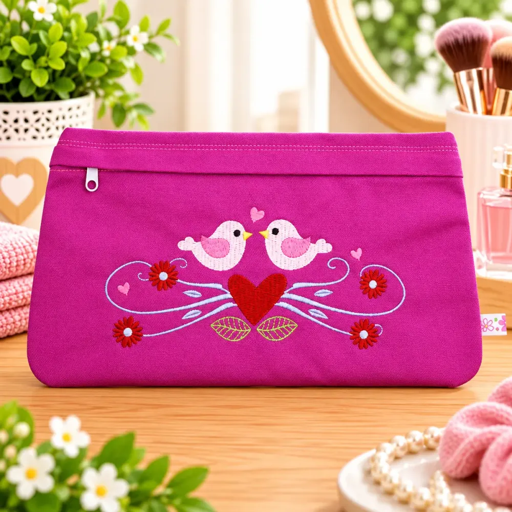 Bestickte Kosmetiktasche aus Baumwolle mit Vogelmotiv