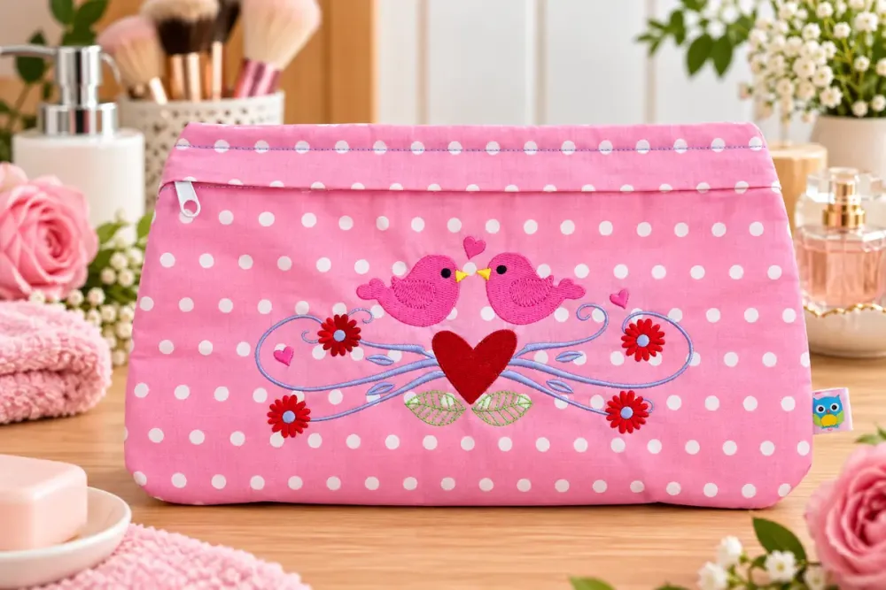 Bestickte Kosmetiktasche aus Baumwolle mit Vogelmotiv