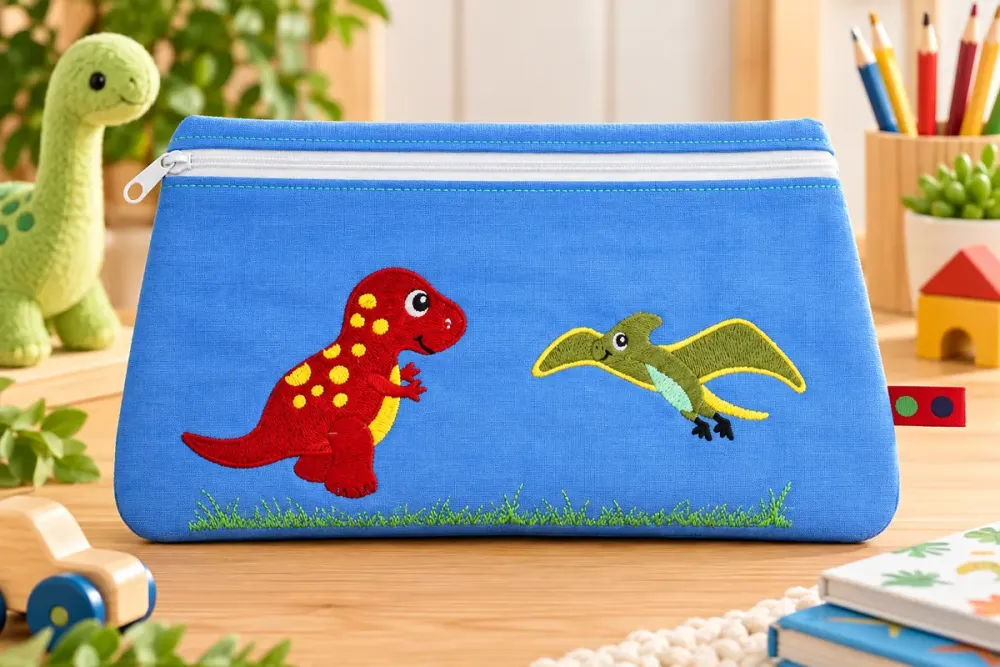 Bestickte Dino Kosmetiktasche aus Baumwollstoff