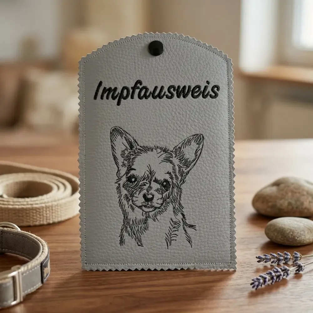 Graue Impfausweishülle Chihuahua fertig bestickt