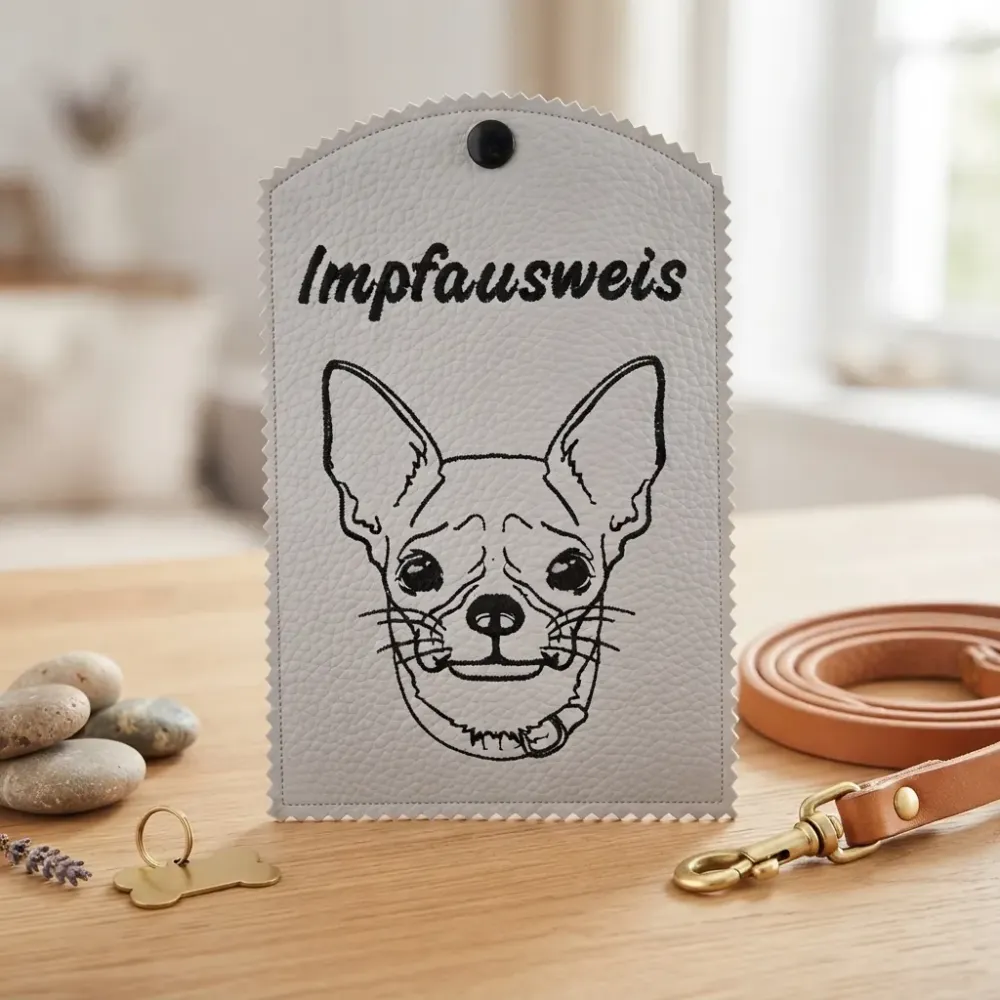 Weiße Impfausweishülle Chihuahua fertig bestickt