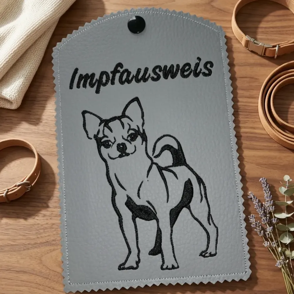 Weiße Impfausweishülle Chihuahua fertig bestickt