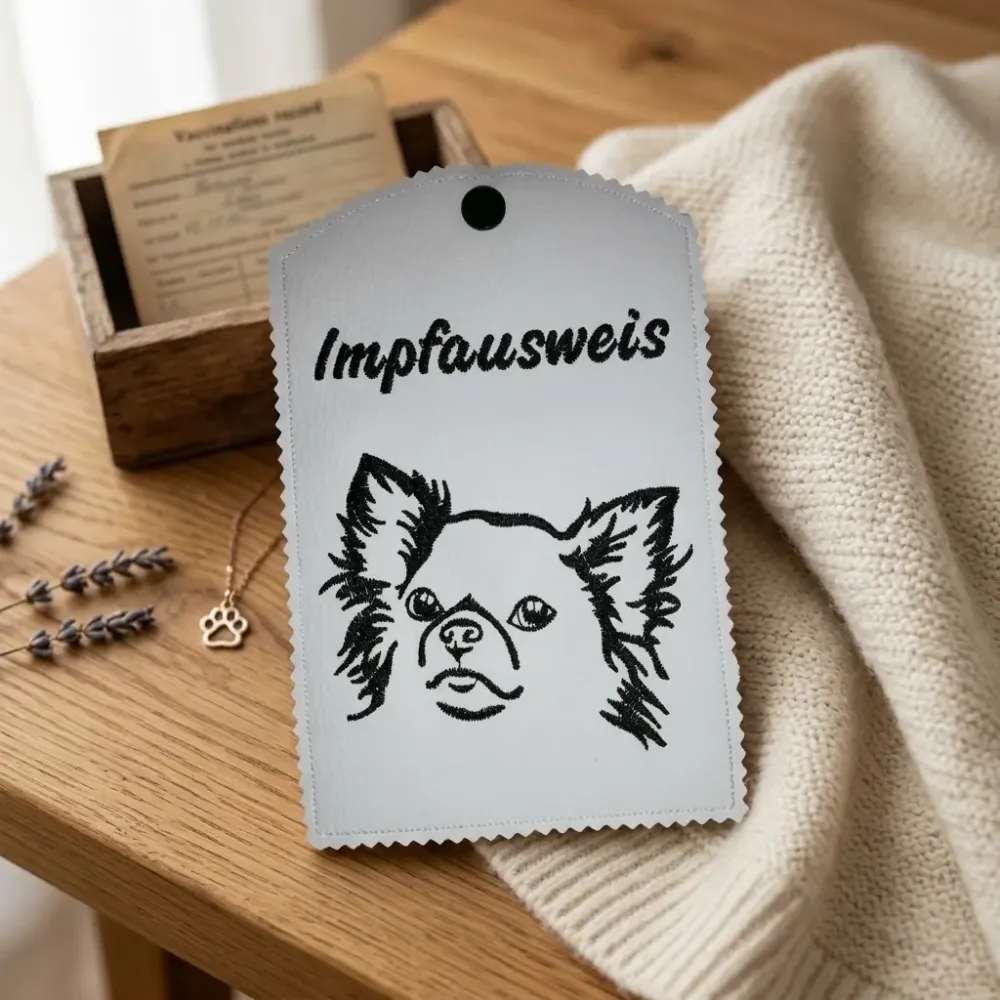 Weiße Impfausweishülle Chihuahua für Hund fertig bestickt