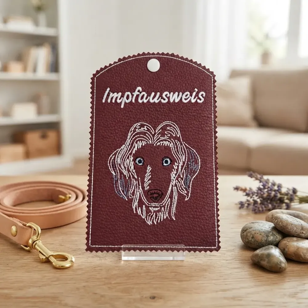 Dunkelrote Impfausweishülle Afghanischer Windhund fertig bestickt