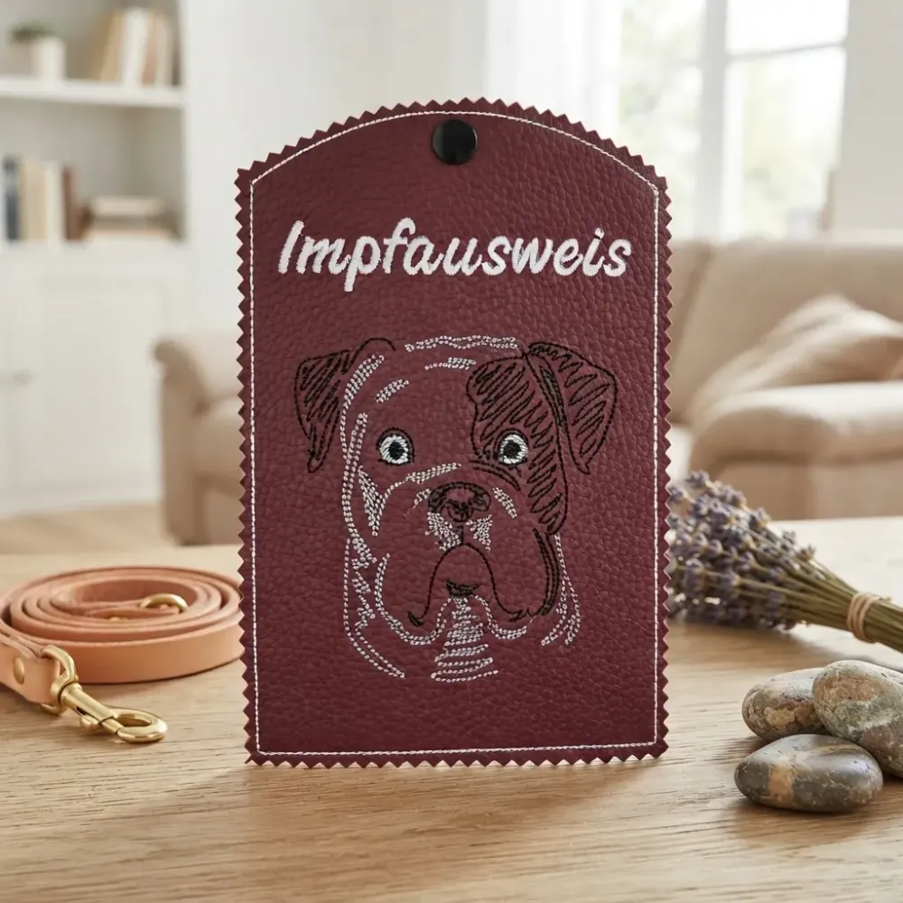 Dunkelrote Impfausweishülle American Bulldog fertig bestickt