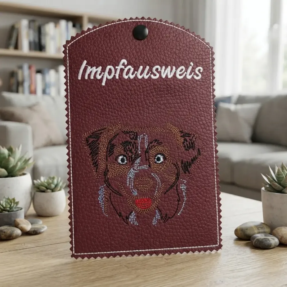 Dunkelrote Impfausweishülle Australian Shepherd fertig bestickt