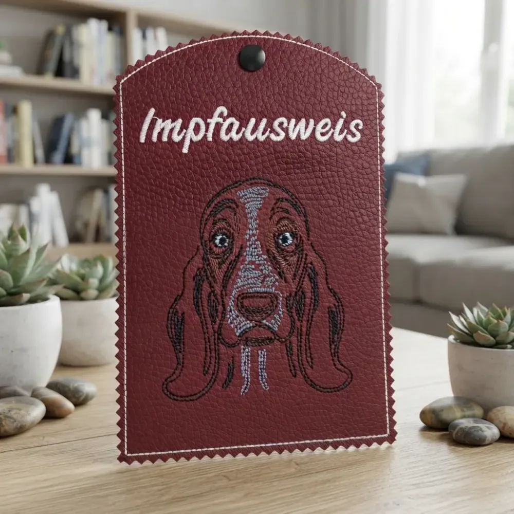 Dunkelrote Impfausweishülle Basset Hound fertig bestickt