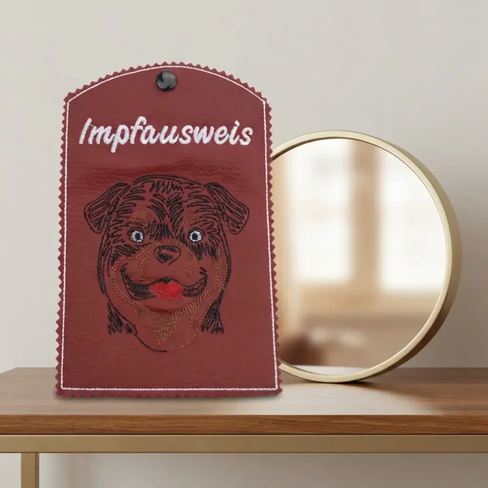 Dunkelrote Impfausweishülle Rottweiler fertig bestickt