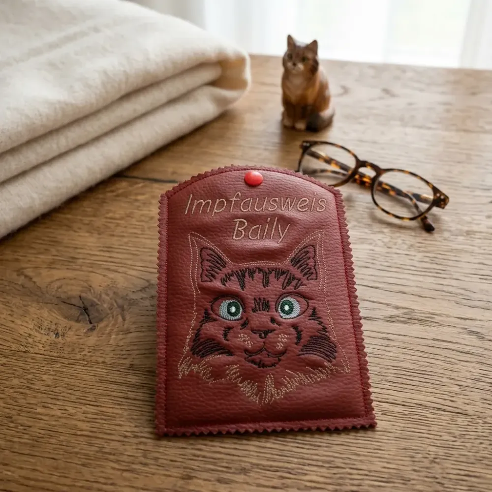 Impfausweishülle Katze Domestic Longhair mit Wunschname bestickt